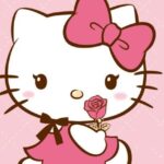 hình ảnh hello kitty đang ăn và bó hoa hồng