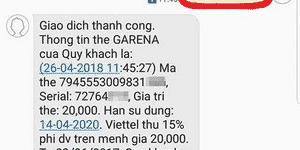 Hình ảnh giao dịch thành công mã Garena 20k