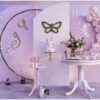 Tổng hợp mẫu backdrop trang trí thôi nôi màu tím pastel